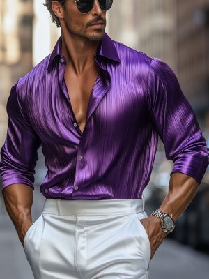 Men's Luxury Silk Long Sleeve Pleated Dress Shirt for Formal & Business Wear