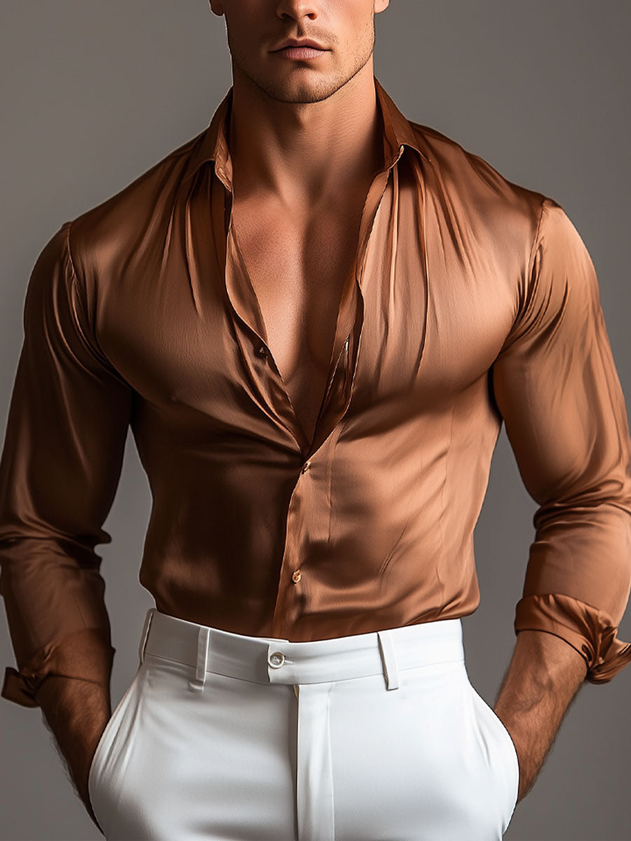Men's Solid Satin Long Sleeve Dress Shirt – Smooth Glossy Formal Casual Button-Down Top