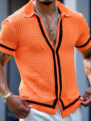 Men's Orange Black Mesh Knit Short Sleeve Shirt – Fast 24-Hour Shipping