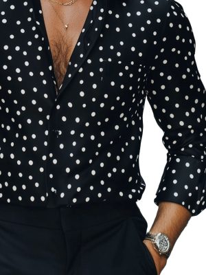 Men's Black and White Polka Dot Long Sleeve Dress Shirt - Casual Cotton Button Down