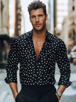 Men's Black and White Polka Dot Long Sleeve Dress Shirt - Casual Cotton Button Down