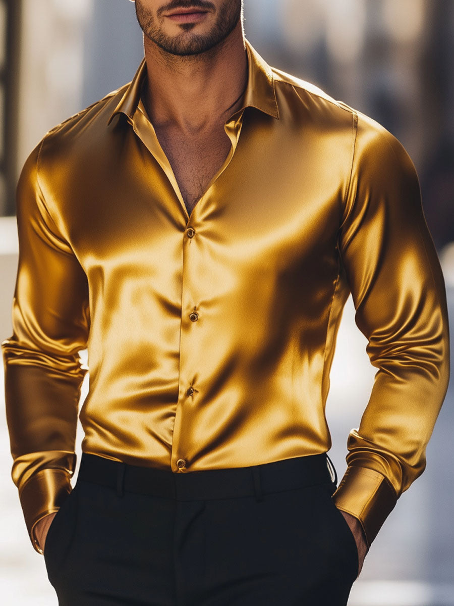 Men's Gold Satin Dress Shirt with Long Sleeves – Formal Luxury Button-Down Top