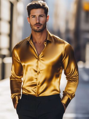Men's Gold Satin Dress Shirt with Long Sleeves – Formal Luxury Button-Down Top