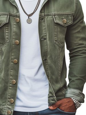 Men's Vintage Green Denim Jacket with Double Pockets – Fast 24-Hour Shipping
