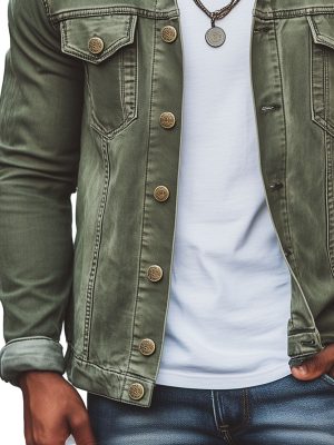 Men's Vintage Green Denim Jacket with Double Pockets – Fast 24-Hour Shipping