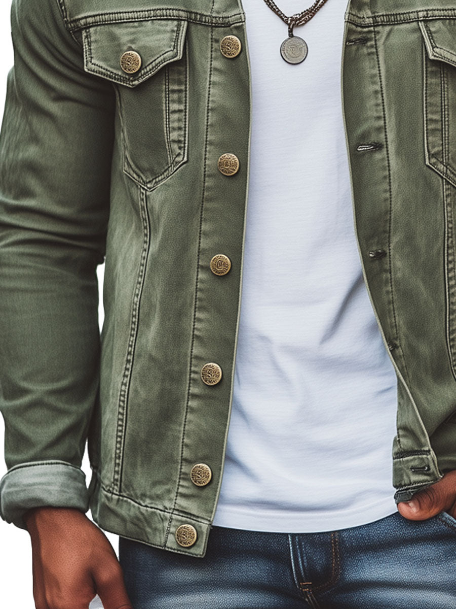 Men's Vintage Green Denim Jacket with Double Pockets – Fast 24-Hour Shipping
