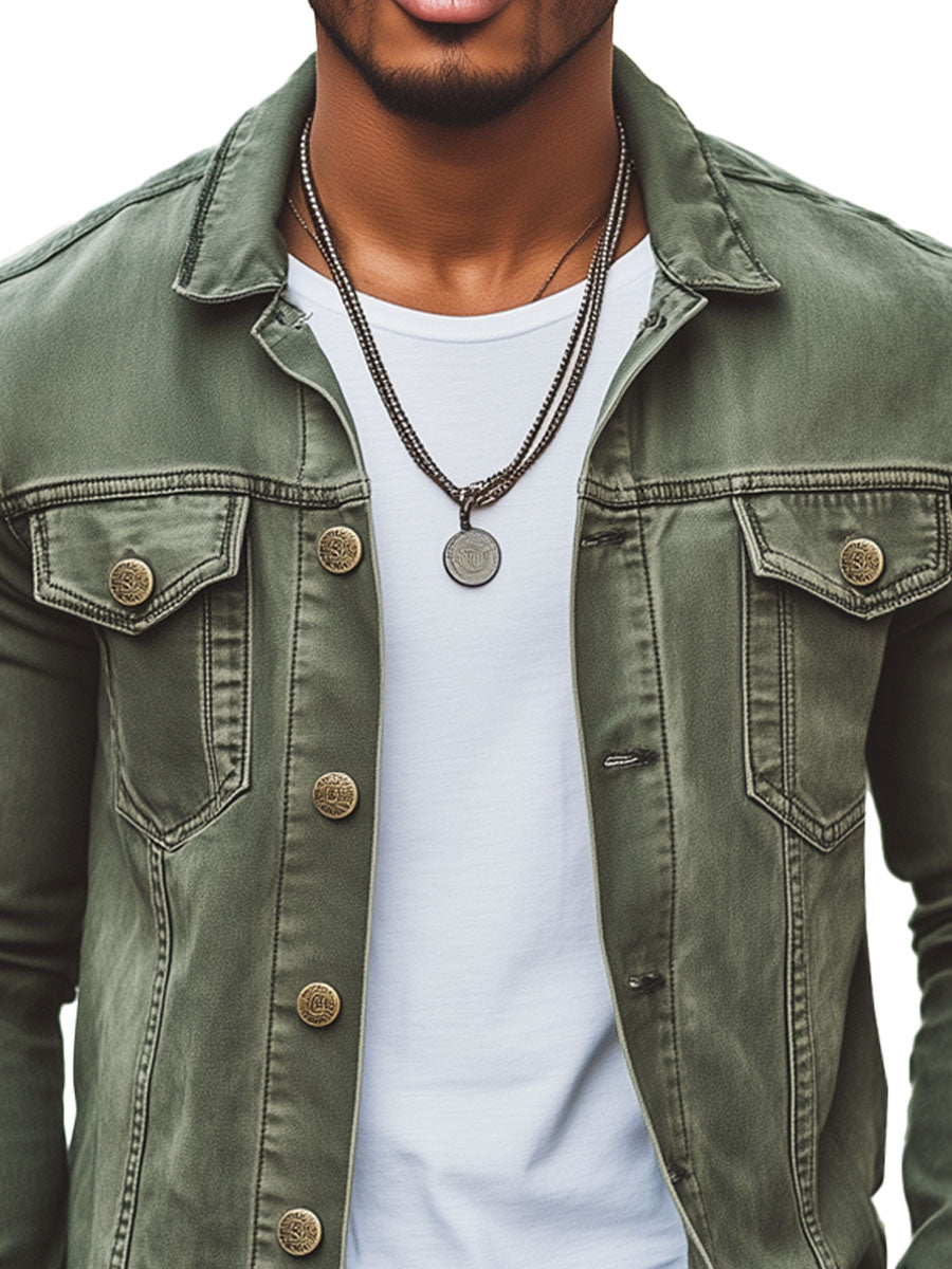 Men's Vintage Green Denim Jacket with Double Pockets – Fast 24-Hour Shipping