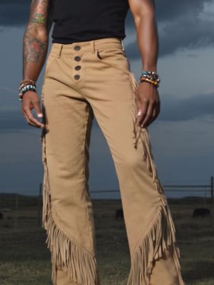 Men's Western Cotton Pants with Fringe Detail – Casual Cowboy Style Trousers