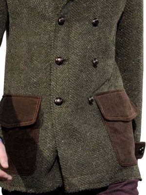 Vintage Herringbone Wool & Suede Patchwork Double-Breasted Casual Coat – Ships in 24 Hours