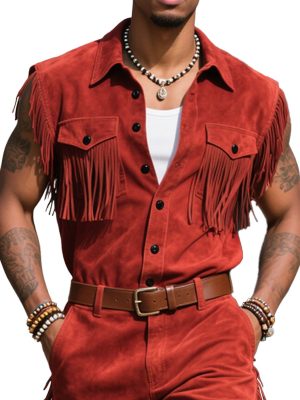 Men's Western-Style Sleeveless Suede Cropped Jumpsuit with Fringe Detail – Ships in 24 Hours