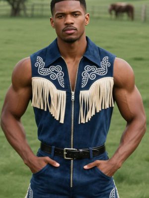 Men's Western Short Sleeveless Jumpsuit with Tassel Embroidery & Zipper Detail – Fast 24-Hour Shipping