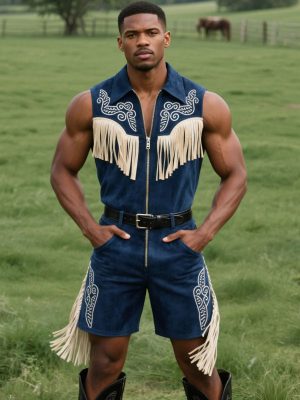 Men's Western Short Sleeveless Jumpsuit with Tassel Embroidery & Zipper Detail – Fast 24-Hour Shipping