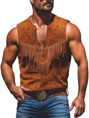 Men's Vintage Western Suede Tank Top with Fringe Detail – Zip-Up Crew Neck, Fast 24-Hour Shipping