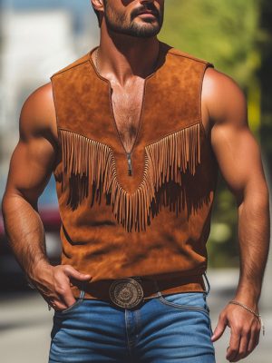 Men's Vintage Western Suede Tank Top with Fringe Detail – Zip-Up Crew Neck, Fast 24-Hour Shipping