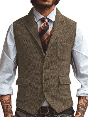 Men's Herringbone Casual Vest with 3 Front Pockets – Stylish Slim-Fit Waistcoat for Smart-Casual Outfits