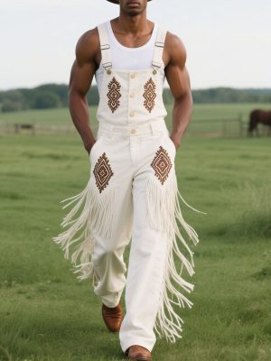Men's Western Style Embroidered Cotton Overalls with Decorative Tassels