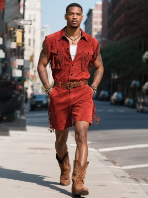 Men's Western-Style Sleeveless Suede Cropped Jumpsuit with Fringe Detail – Ships in 24 Hours