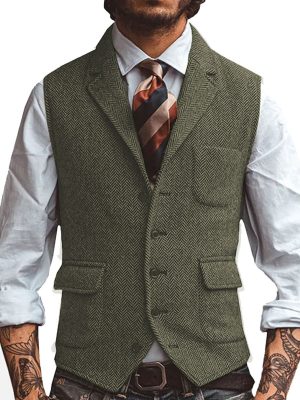 Men's Herringbone Blazer Vest with Notched Lapel and 3-Pocket Design