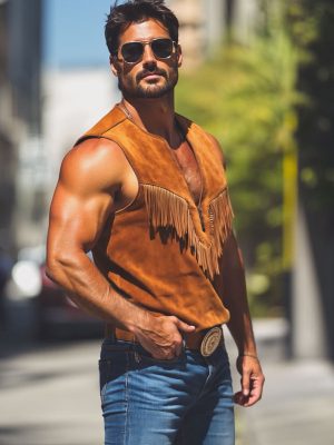 Men's Vintage Western Suede Tank Top with Fringe Detail – Zip-Up Crew Neck, Fast 24-Hour Shipping