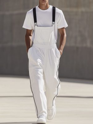 Men's White Cotton Wide Leg Overalls – Fast 24-Hour Shipping, Casual Summer Workwear
