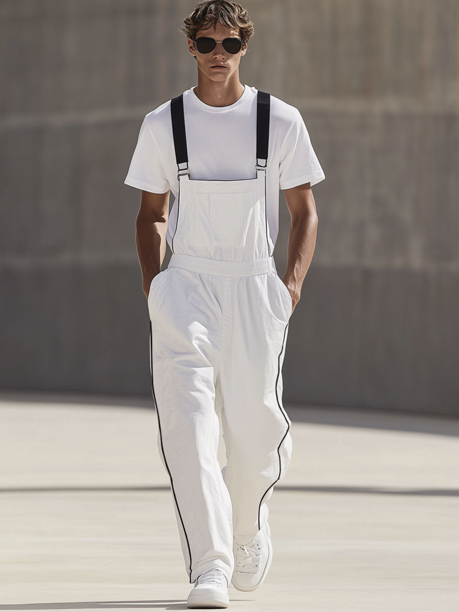 Men's White Cotton Wide Leg Overalls – Fast 24-Hour Shipping, Casual Summer Workwear