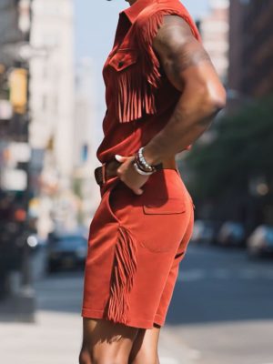 Men's Western-Style Sleeveless Suede Cropped Jumpsuit with Fringe Detail – Ships in 24 Hours