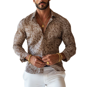 Men's Vintage Print Long Sleeve Shirt with Notched Lapel - Fast 24-Hour Shipping