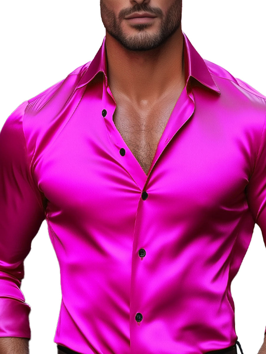 Men's Solid Satin Long Sleeve Dress Shirt – Smooth Luxury Casual Button-Down for Men