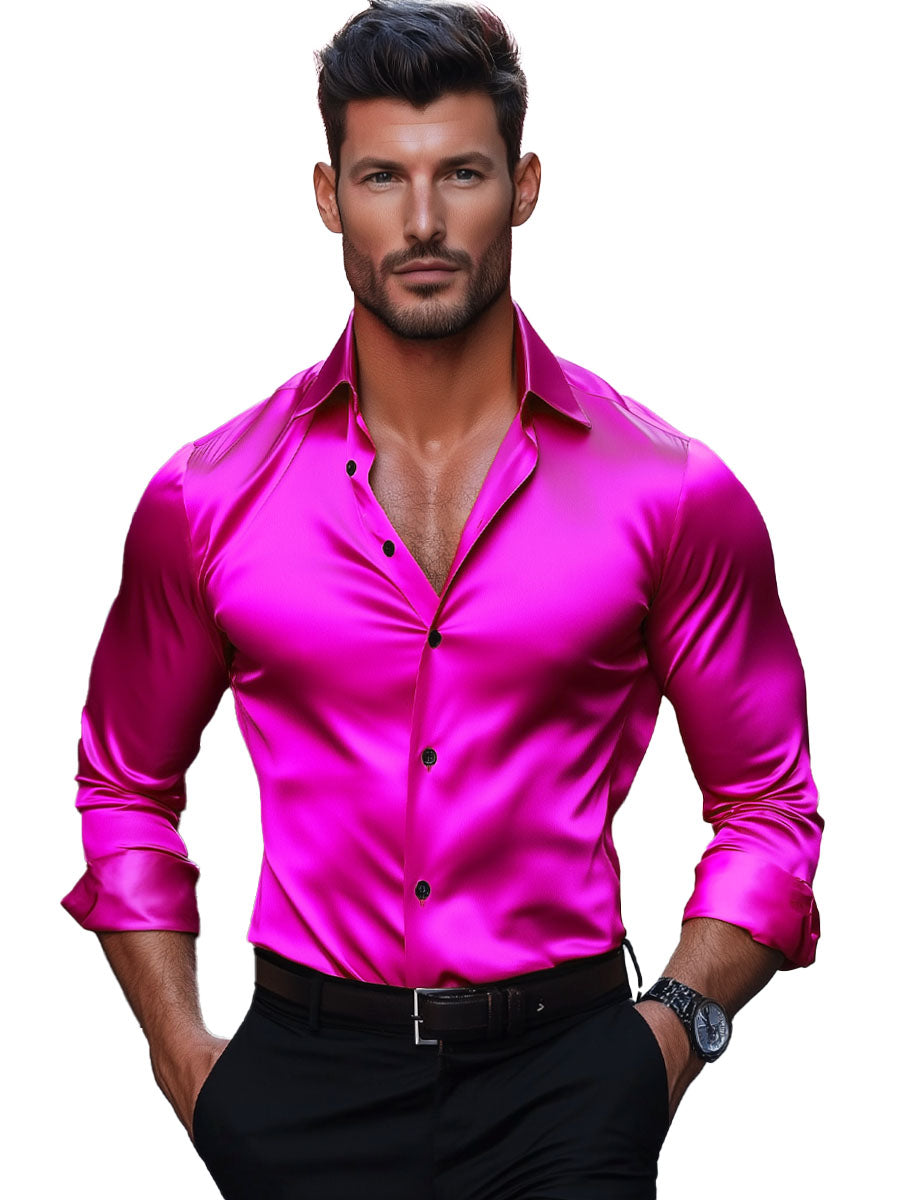 Men's Solid Satin Long Sleeve Dress Shirt – Smooth Luxury Casual Button-Down for Men