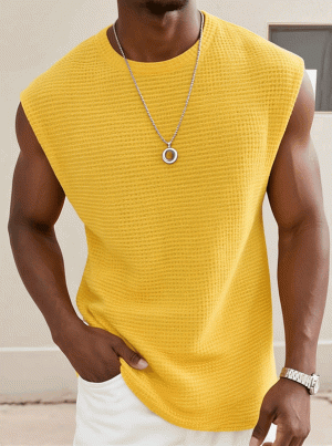 Yellow Waffle Knit Tank Top for Women – Wide Shoulder Casual Top with 24-Hour Shipping