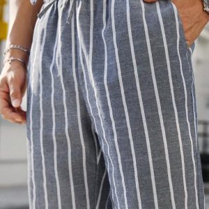 Men's Cotton-Linen Blend Striped Beach Pants with Elastic Waist - Fast 24-Hour Shipping