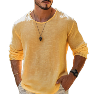 Men's Cotton-Linen Blend Casual T-Shirt - Loose Fit, Long Sleeve, Round Neck - Fast 24-Hour Shipping (MTA1461C1M)