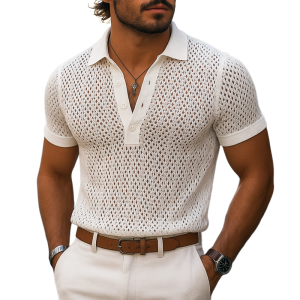 Men's Short Sleeve Plaid Polo Shirt with Hollow-Out Design - Solid Color Knit Lapel Tee (MTA1865F2Z) - Ships in 24 Hours