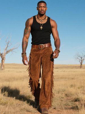 Men's Vintage Suede Western Tassel Pants – Fast 24-Hour Shipping