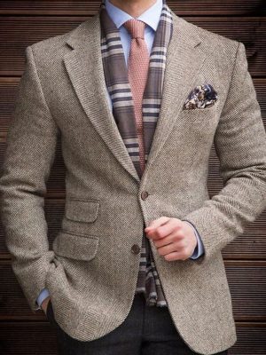 Vintage Herringbone Blazer – Single-Breasted Lapel Jacket with Multi-Pockets, Ships in 24 Hours