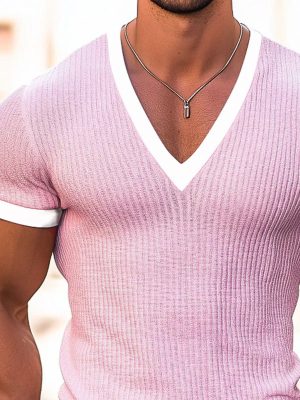 Men's V-Neck Contrast Knit Short Sleeve T-Shirt – Fast 24-Hour Shipping