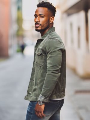 Men's Vintage Green Denim Jacket with Double Pockets – Fast 24-Hour Shipping