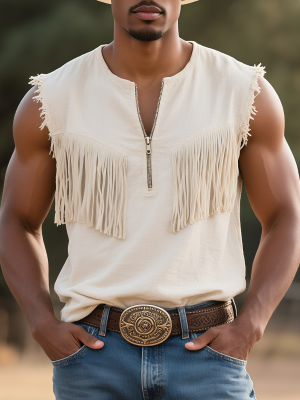 Vintage Western-Style Half-Zip Tassel Tank Top – Fast 24-Hour Shipping