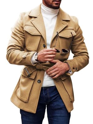 Woolen Coat with Lapel & Lace-Up Design | Solid Color Multi-Pocket Winter Coat | Ships in 24 Hours