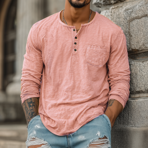 Men's Bamboo Cotton Long Sleeve T-Shirt with Henry Collar – Lightweight Casual Tee for Spring & Summer, Fast 24-Hour Shipping