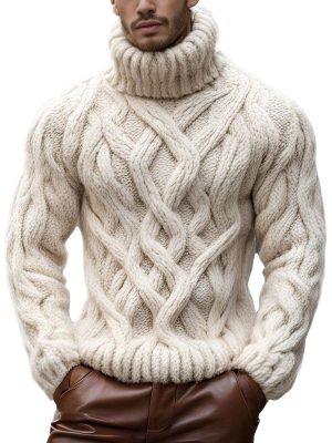 Men's Cable Knit Turtleneck Sweater – Solid Color Long Sleeve Casual Pullover with 24-Hour Shipping