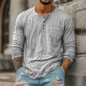 Men's Bamboo Cotton Long Sleeve T-Shirt with Henry Collar – Lightweight Casual Tee for Spring & Summer, Fast 24-Hour Shipping