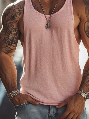 Men's Pink Cotton Sleeveless Tank Top for Casual Summer Wear