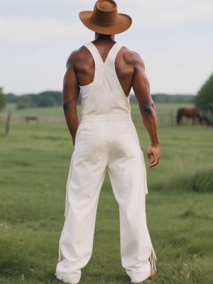 Men's Western Style Embroidered Cotton Overalls with Decorative Tassels