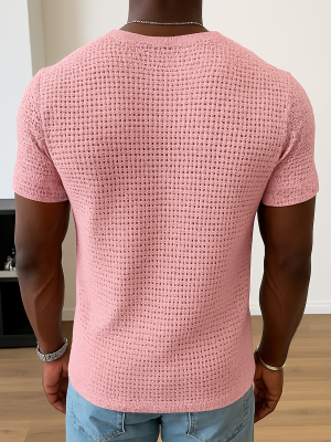 Casual Waffle Knit Short Sleeve T-Shirt – Solid Color, Fast 24-Hour Shipping