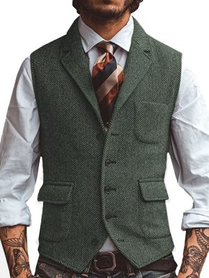 Men's Herringbone Blazer Vest with Notched Lapel and 3-Pocket Design