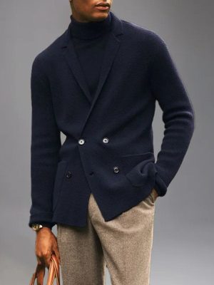 Knitted Double-Breasted Jacket with Notched Lapel & Functional Pockets – Ships in 24 Hours