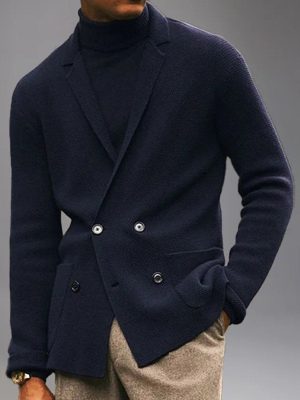 Knitted Double-Breasted Jacket with Notched Lapel & Functional Pockets – Ships in 24 Hours