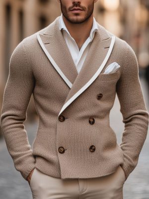 Men's Double-Breasted Knitted Blazer with Contrast Lapel Edge – Fast 24-Hour Shipping