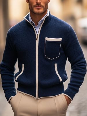 Men's Contrast Zipper Knit Cardigan with Stand Collar – Fast 24-Hour Shipping